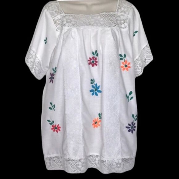 Hand-Embroidered Lace Trimmed Peasant Blouse Boho Bohemian Festival Top White - Picture 12 of 12